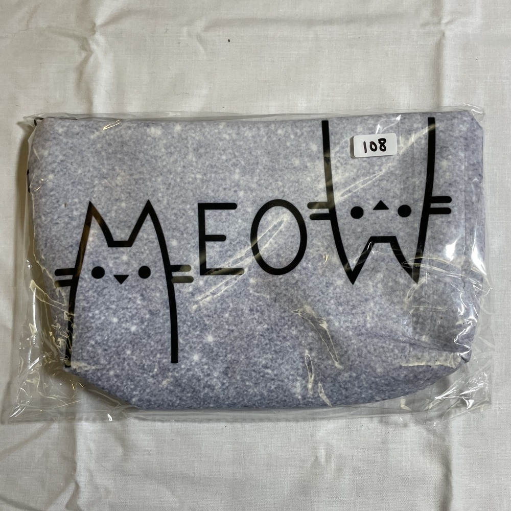 The Pouch MEOW Cat Cosmetic Bag Unisex Small‎ Blue Grey NWT Zippered Travel Case